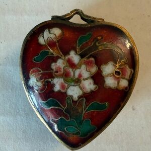Antique Cloisonné Floral Heart Locket Pendant blue glaze interior Lotus Flower